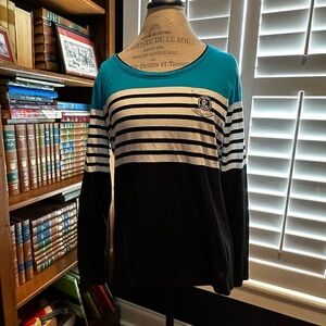 Ralph Lauren Teal and Black Striped Long Sleeve Top